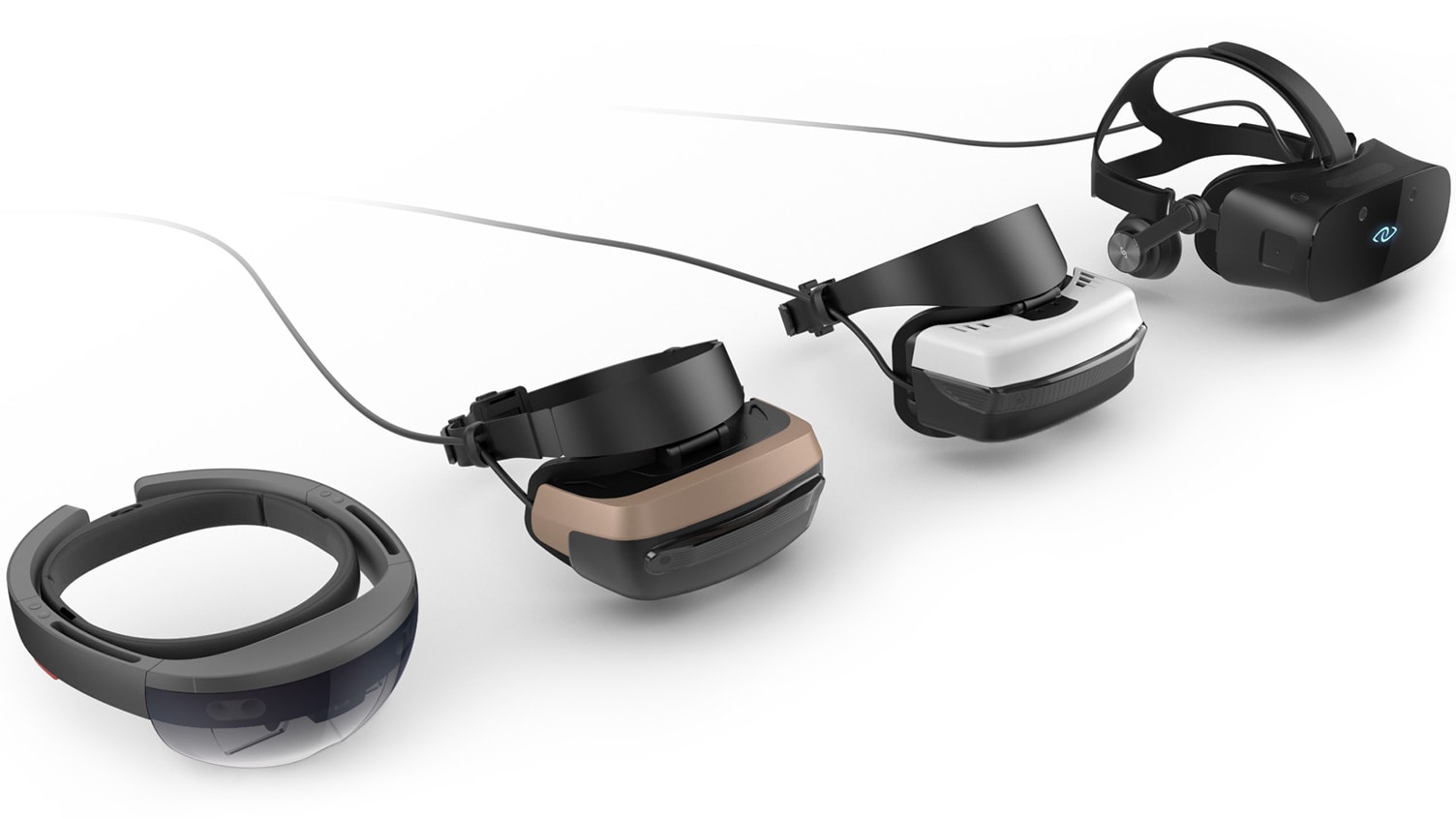 Several virtual reality and mixed reality headsets, including HoloLens, arranged side by side